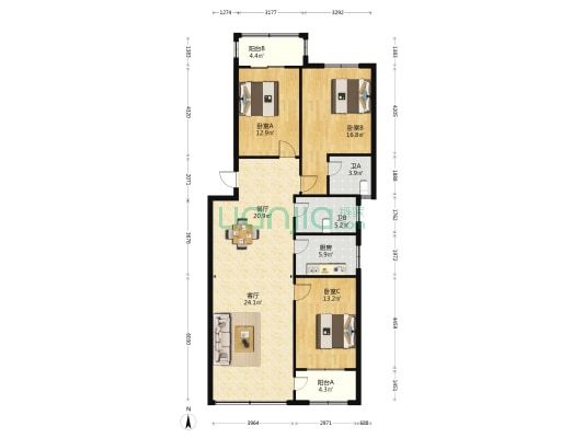 金三角 3室2厅2卫 132平方