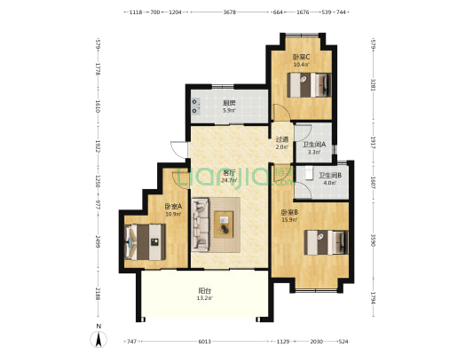 新城瑞升悦隽西江 3室1厅2卫 98平方