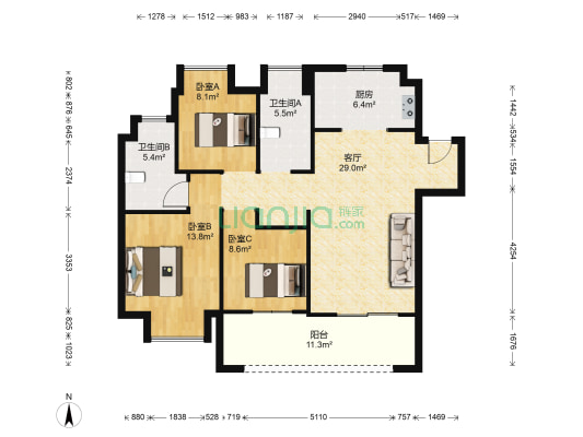 华润江南府北区 3室1厅2卫 109平方