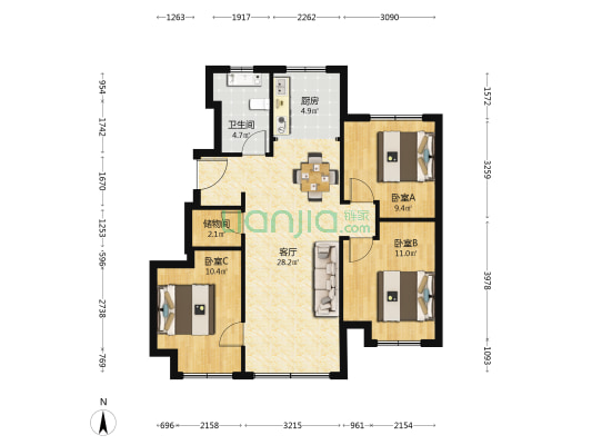 龙湖金湾天钜一期 3室1厅1卫 93平方