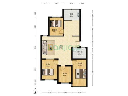 金水街抹直口小区 4室1厅1卫 105平方