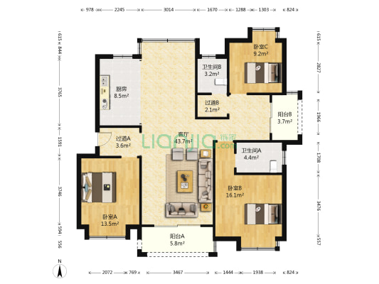 宏城瑞丰园 3室1厅2卫 135平方
