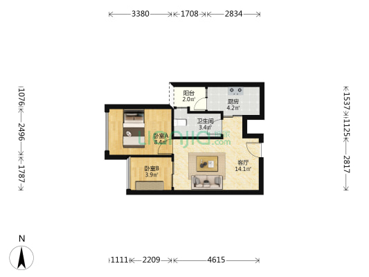 红花雅筑 2室1厅1卫 47平方
