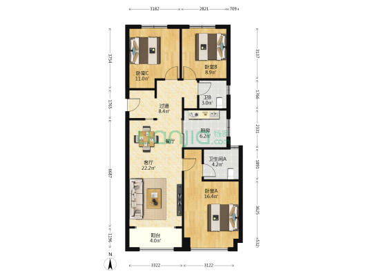 中海熙峰里 3室1厅2卫 115平方