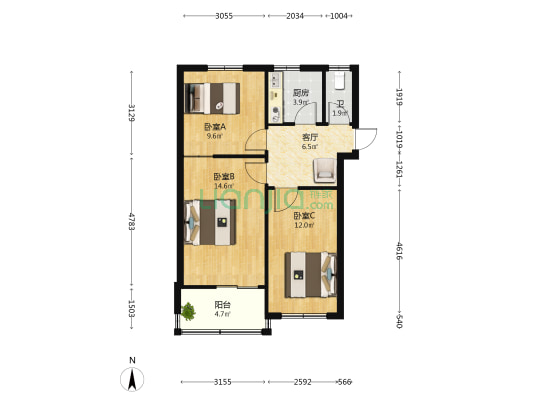 政法家属院 3室1厅1卫 60平方