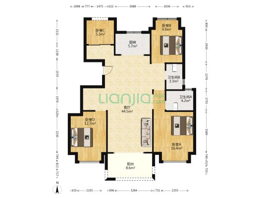 观棠府祥园A区 4室1厅2卫 128平方