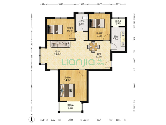 家华里 3室2厅1卫 119平方