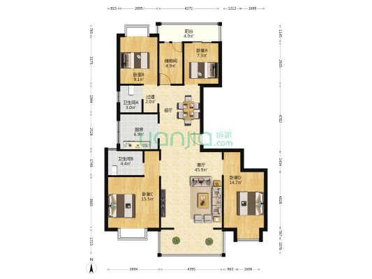 美的北京路9號 4室1厅2卫 165平方