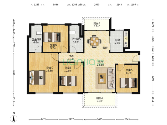 南站新城 4室1厅2卫 122平方