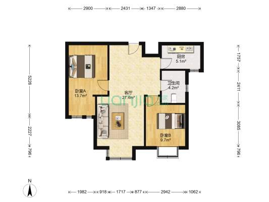 桥园里小区 2室1厅1卫 88平方