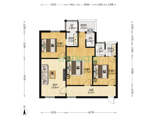 香江楼 3室1厅3卫 83平方