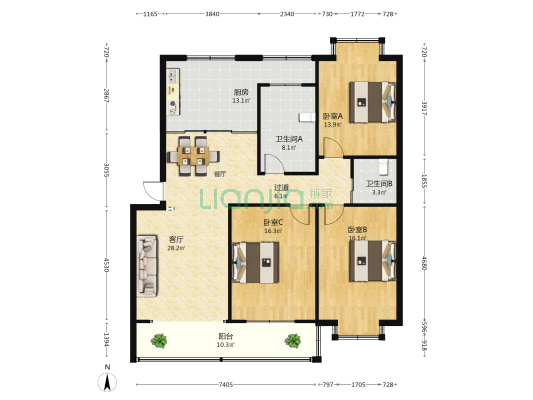 育才花苑东区 3室1厅2卫 129平方