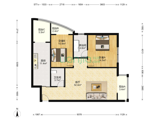 嵩山国际 2室1厅2卫 119平方