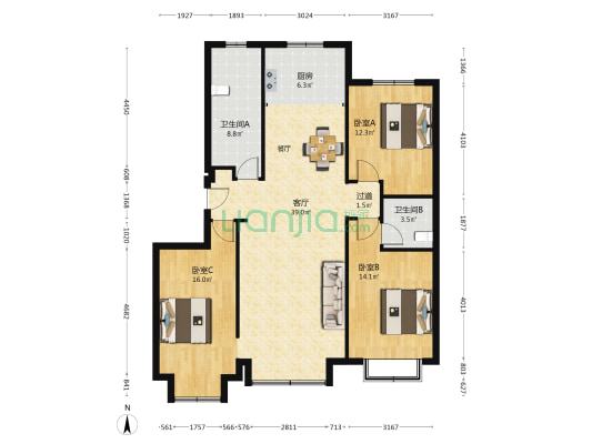 赛洛公馆南区 3室1厅2卫 139平方