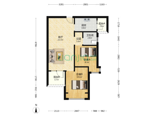 合正方洲泓园 2室1厅1卫 75平方