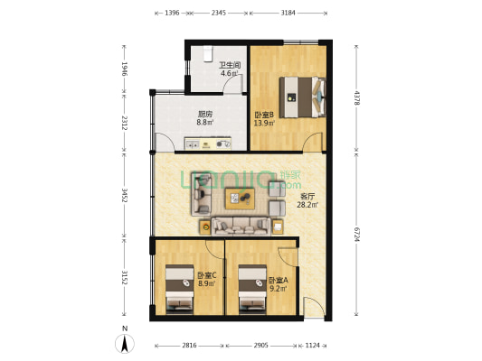 堰塘街38号 3室1厅1卫 87平方