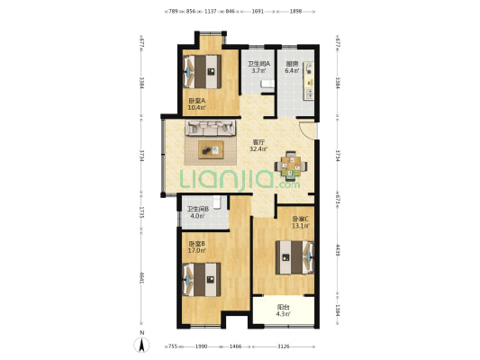 翠谷玉苑中区 3室1厅2卫 123平方