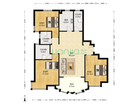 未来东岸华城 3室1厅3卫 155平方