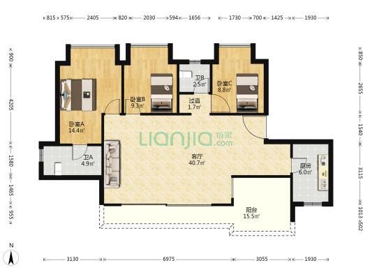 玖著天宸启宸 3室1厅2卫 115平方