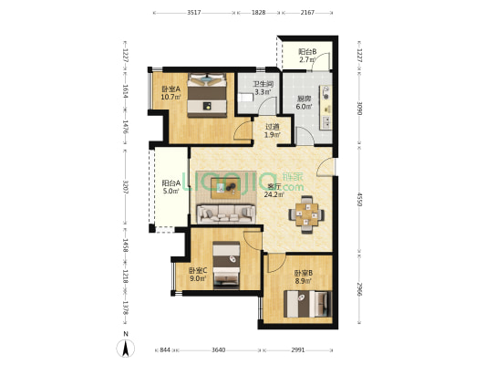 合锦嘉泓·天宇花园 3室1厅1卫 91平方