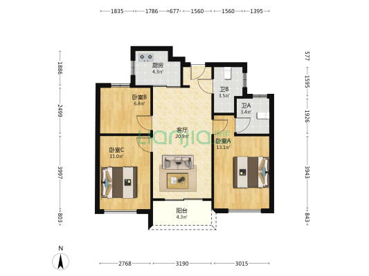 美的旭辉城 3室1厅2卫 89平方
