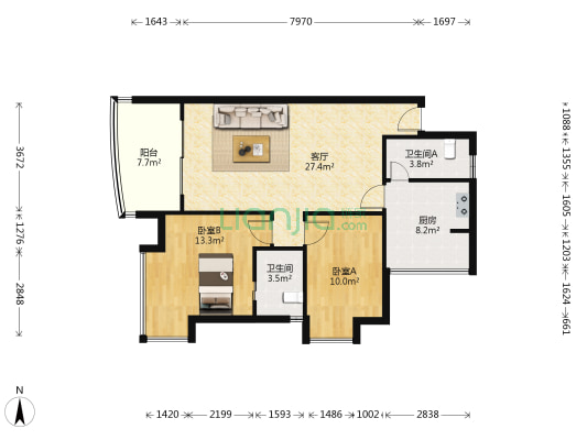 阳明华庭 2室1厅2卫 91平方