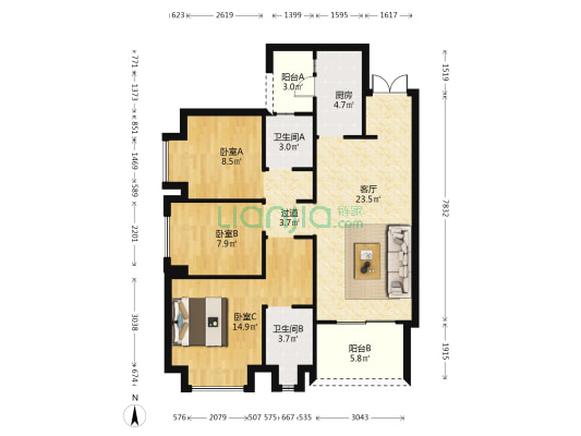 龙湖景粼时光 3室1厅2卫 95平方