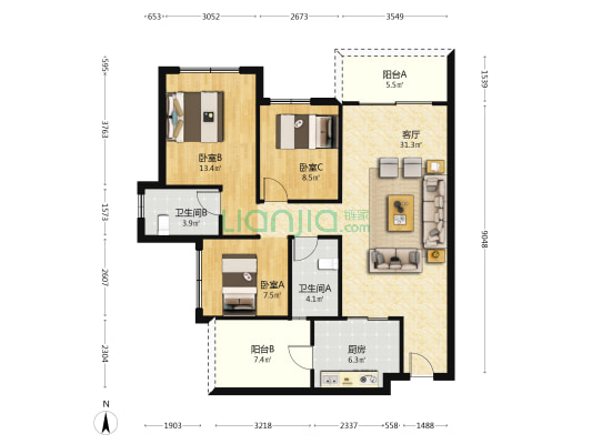 滨江睿城 3室1厅2卫 83平方