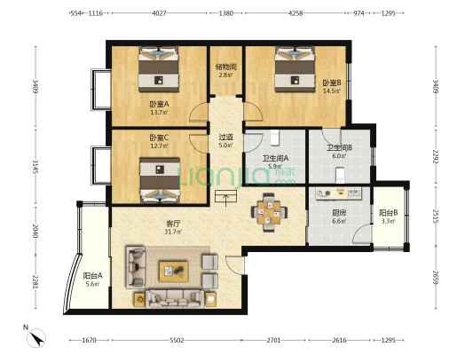 东方嘉苑 3室1厅2卫 130平方