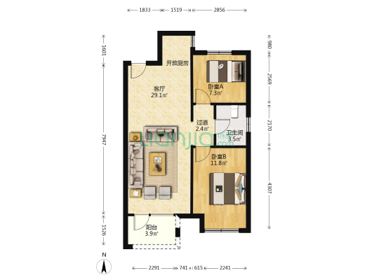 永定河孔雀城尚景园 2室1厅1卫 81平方