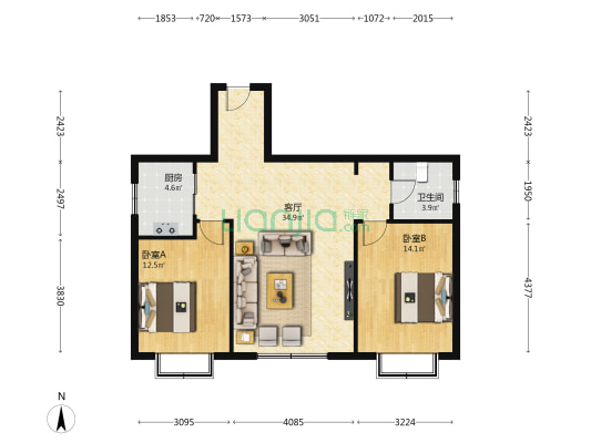 煜利佳苑 2室1厅1卫 100平方
