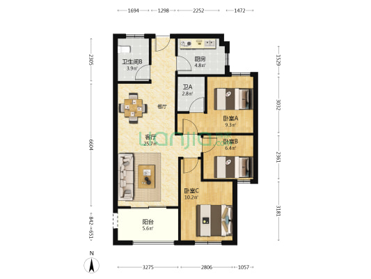 厚屿龙山苑 3室1厅2卫 90平方