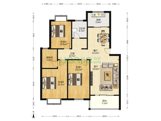 凯旋新城东区 3室2厅1卫 210平方