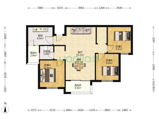 鼎盛苑A区 3室1厅1卫 101平方