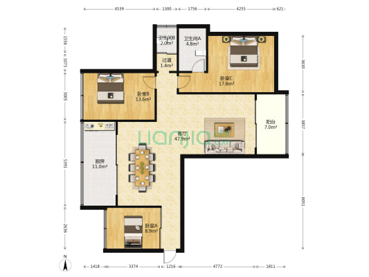 汇峰广场 3室1厅2卫 141平方