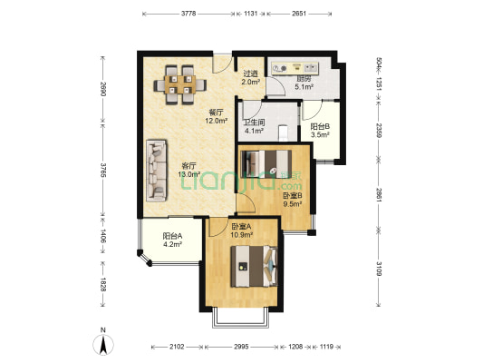 恒大御景湾 2室2厅1卫 83平方