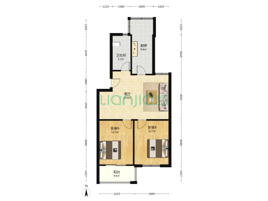 阳光枫林 2室1厅1卫 82平方