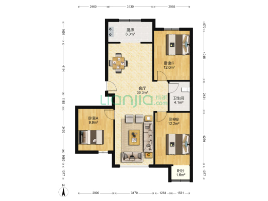 新天地都市广场 3室1厅1卫 120平方