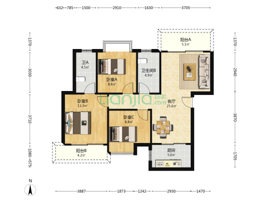 岭福家苑 3室1厅2卫 109平方