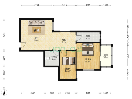 433高层 2室2厅1卫 95平方