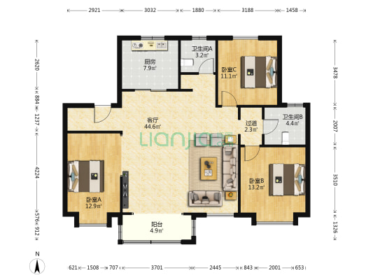 融侨方圆 3室1厅2卫 137平方