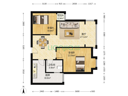 贵阳恒大帝景 2室1厅1卫 80平方