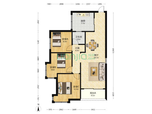 德福公馆 3室1厅1卫 98平方