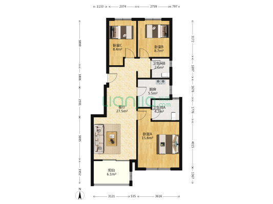金地艺境西区 3室1厅2卫 89平方