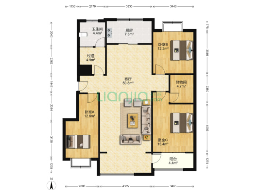 明水花苑 3室1厅1卫 144平方