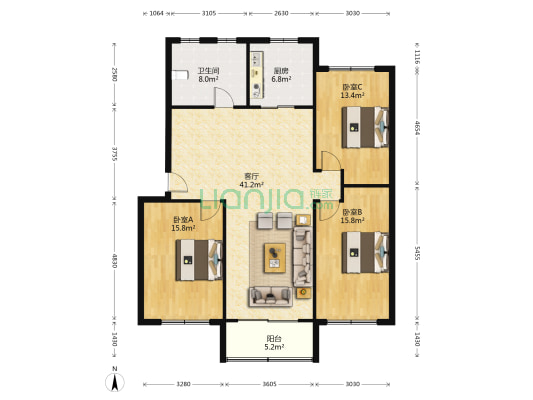 农发行宿舍 3室1厅1卫 125平方