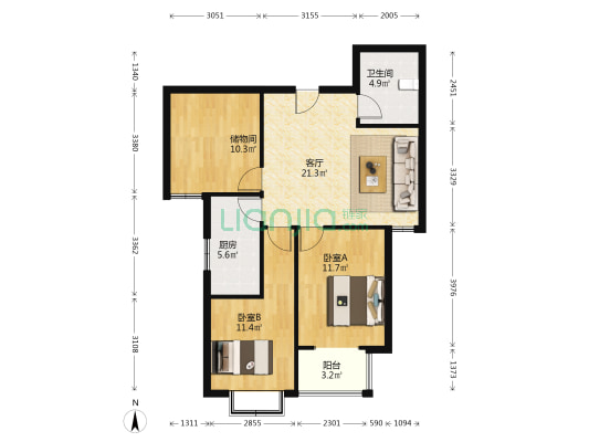 房本已满两年 三个卧室都朝阳 中间楼层 采光无遮挡-户型图