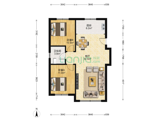 五彩阳光城三期(文博府) 2室1厅1卫 88平方