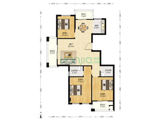 华都名园 3室1厅2卫 131平方