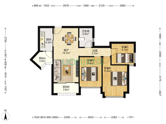 合景花漫里 3室1厅1卫 86平方